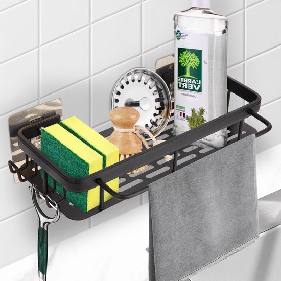 Spoelbak-organizer, hangende sponshouder, zwart, gootsteenorganizer, voor keuken en badkamer met afvoerpan, staafjeshouders, handdoekhouder en haken