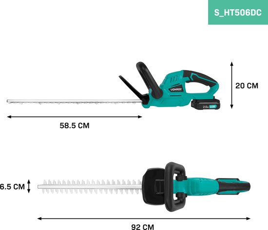 Turquoise en zwarte heggenschaar met 58,5 cm bladlengte en 20cm hoogte. Inclusief 2.0Ah accu.