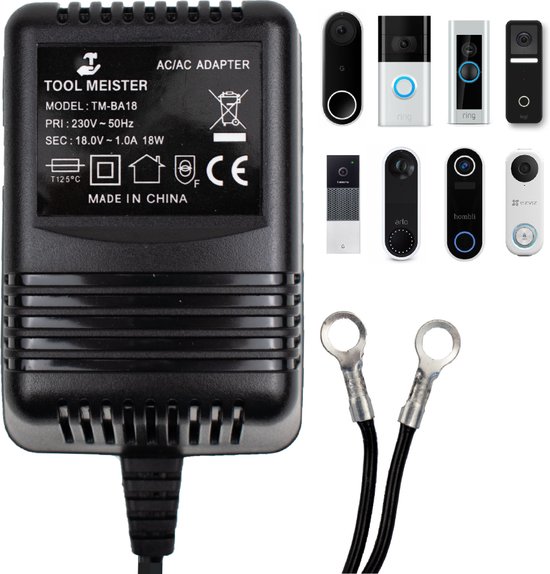 Tool Meister BA18 - Adapter voor Smart Deurbel - Universele Beltransformator - Beltrafo - Transformator - voor Google Nest, Ring, Netatmo, Hombli, Arlo, Ezviz, Blink - 5 Meter - AC/AC -18V - 1A - 18VA (18W)