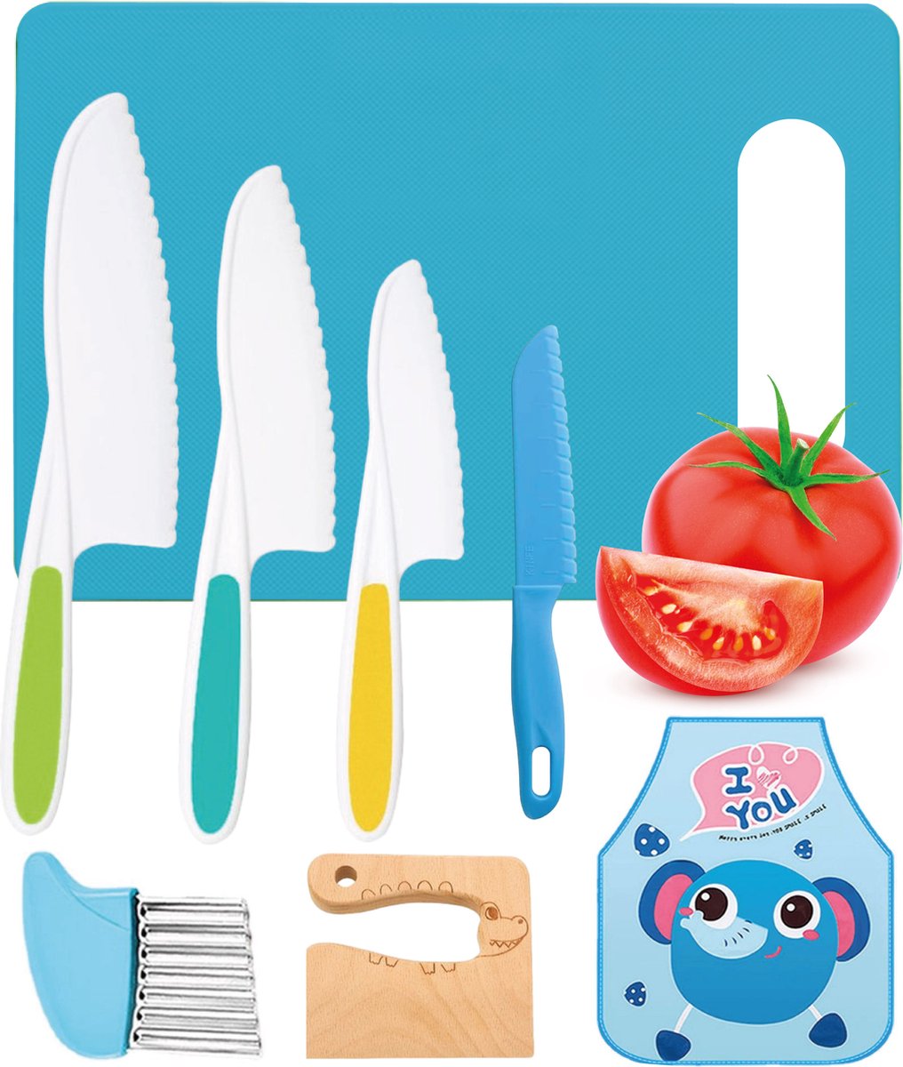 Bol.com Qwali Blue Kindermessen Set - Veilig - Inc. snijplank - Kinder - bestek - Messen Kind - Keuken - Speelgoed Montessori - ... aanbieding