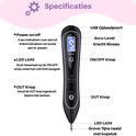 Zwarte laser plasmabehandelingspen met led-scherm, met annotaties voor knoppen, led-licht, USB-poort en accuniveau.