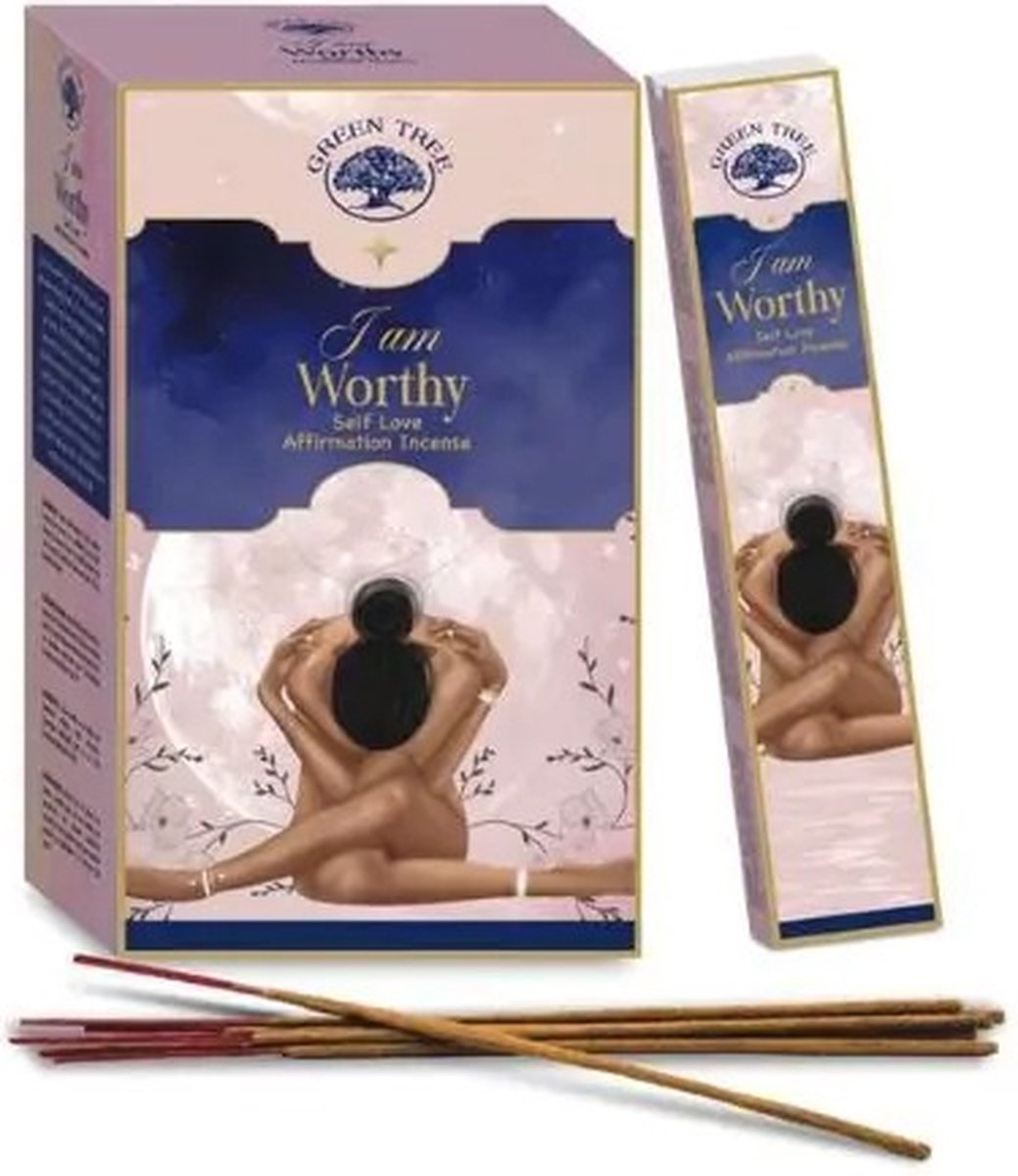 Green Tree I am Worthy Manifestation - wierook Meditatie - Heilig hout - Duurzame wierookstokjes - doos 12 stuks Incense 15 gram Blauw