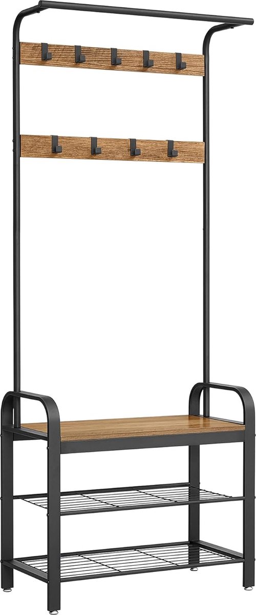 FurnStar - Kapstok - Kapstok met Schoenenopbergbank - 4 in 1 Design - met 9 Afneembare Haken - Een Kledingroede - Voor Hal - Entree - 33,7 x 72 x 183 cm - Industrieel - Grenen en Zwart