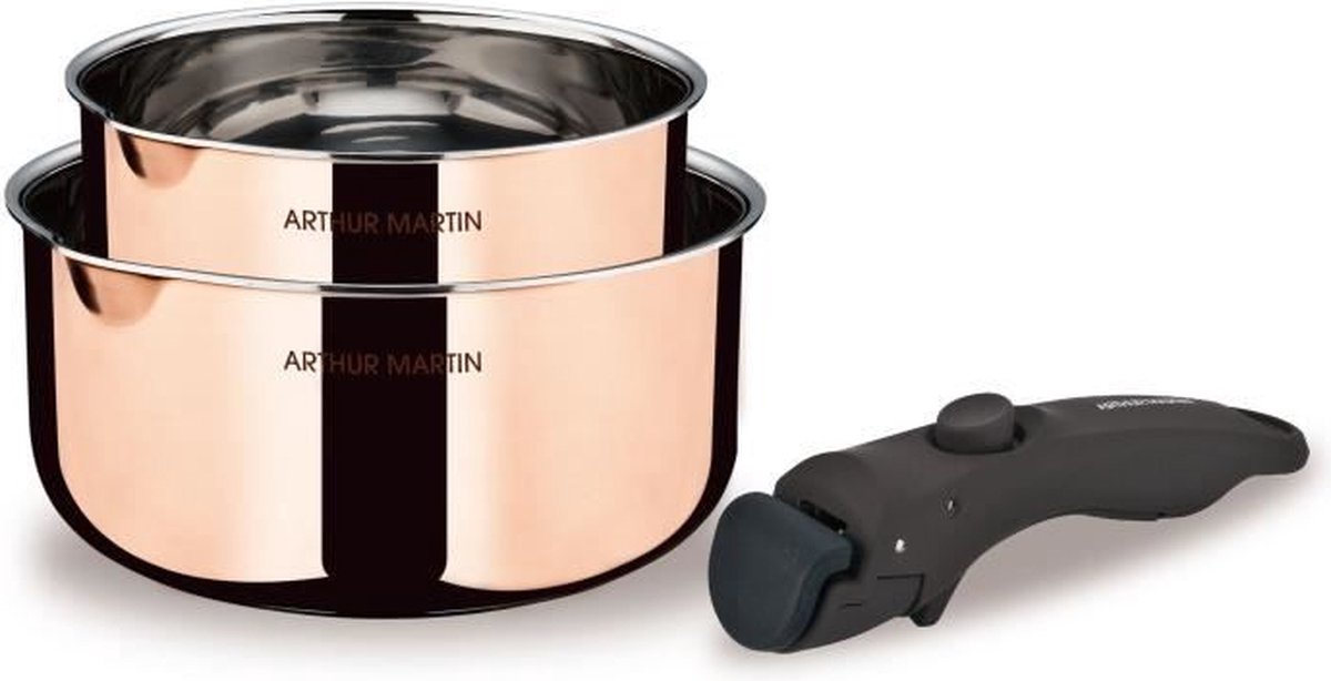Arthur Martin 2 steelpannen 16-20 cm + 1 handgreep AM720GT 3 lagen triple action Alle warmtebronnen inclusief inductie