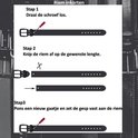 Instructies voor het inkorten van een riem: schroef losdraaien, afknippen op gewenste lengte, nieuw gaatje ponsen.
