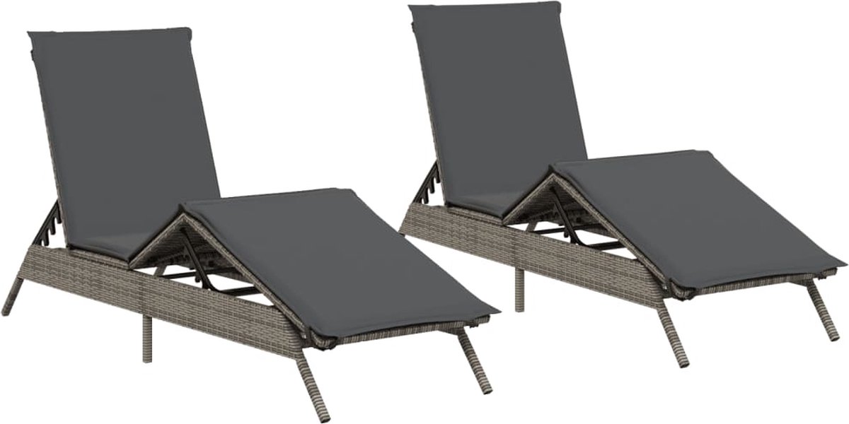 VidaXL Ligstoelen 2 st met kussens poly rattan grijs