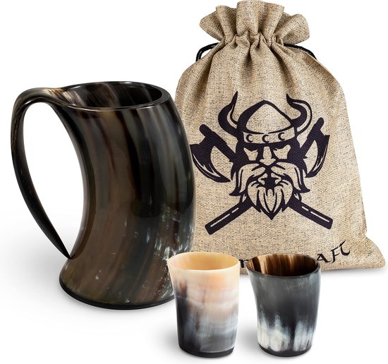 VIKING CRAFT® Viking Drinkhoorn 600 ml – extra grote kan en 2 Vikingbekers voor uw Viking Mead honingwijn – hoornbeker, Viking kostuum decoratie, viking hoorn set, middeleeuwse bierpul, LARP
