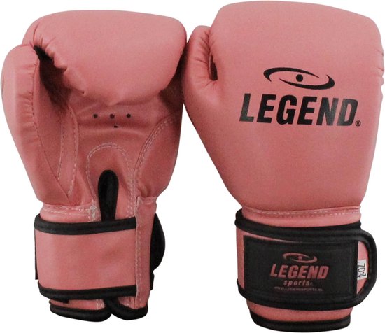 Roze bokshandschoenen van Legend Sports met zwarte klittenbandsluiting.