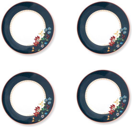 Pip Studio Berry Blues Blue gebaksborden set van vier porselein donkerblauw gebaksbordje met bloemen