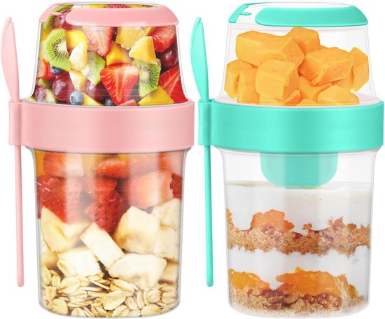 Pot de yaourt - Pot de yaourt à Go - Pot à lunch - Sans BPA - Avec cuillère - Tasse à muesli à Go - Gobelet à lunch - Boîte à lunch - Boîte à lunch - À emporter - Étanche - Medium - 560 + 310 ml - Salade à Go - Boîte à salade - Rose et vert - Durable