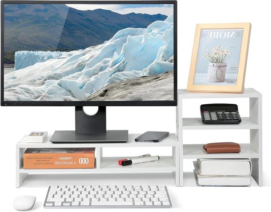 Catekro Monitorstandaard verhoger, 2 niveaus houten monitorverhoger met opbergorganizer, multifunctionele bureau-organizer voor computer, laptop