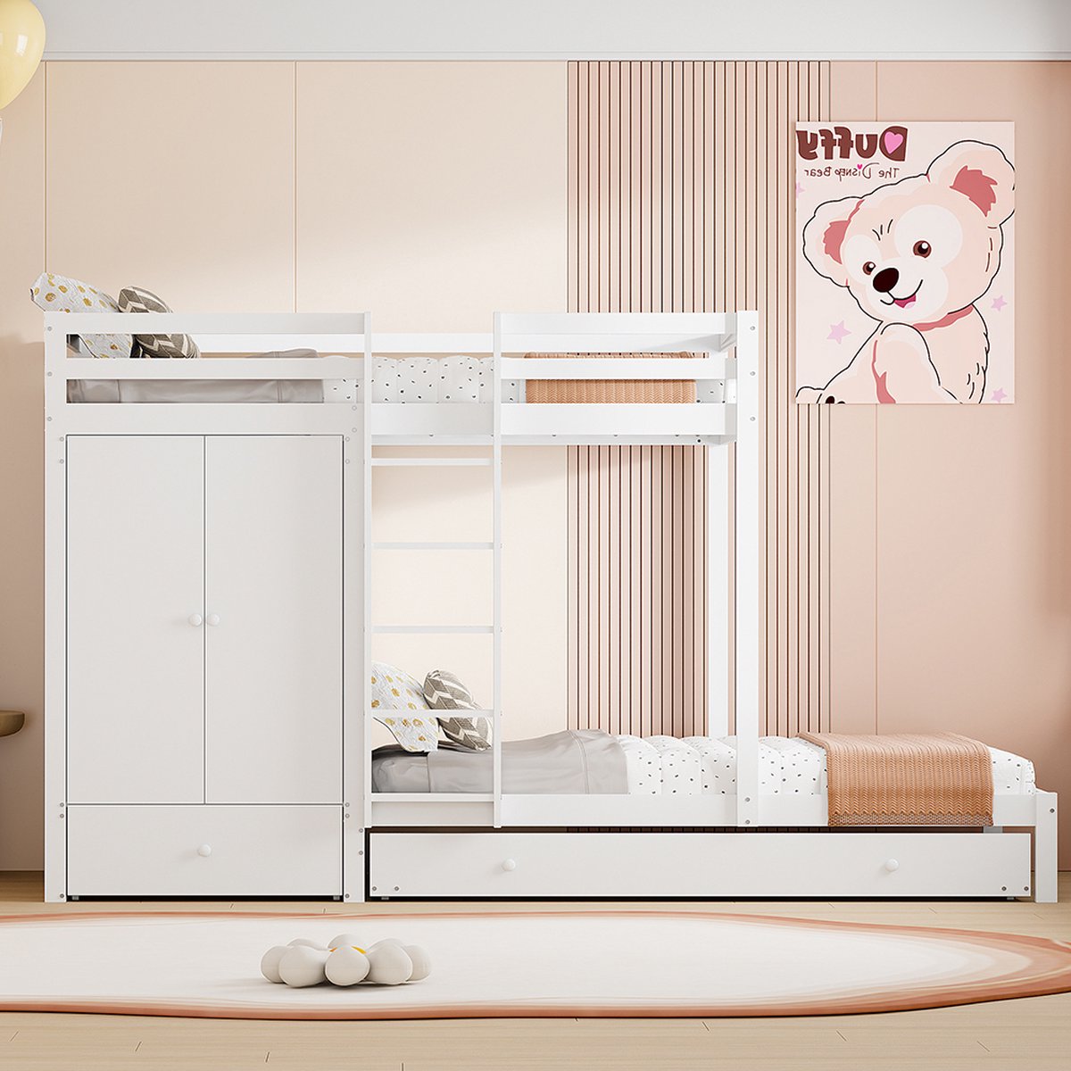 KOMHTOM Stapelbed Kinderbed 90x200 cm met uitschuifbaar bed met kleerkast laden en opbergvak Wit