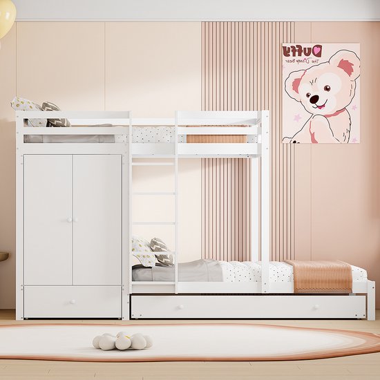 Lit Simple 90x200cm Avec Étagère Et Barrières De Sécurité - Cadre En Bois Blanc Pour Enfant