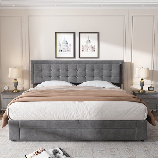 Lit 160x200 avec Tables de nuit avec éclairage LED et USB/Type-C, Lit Coffre avec Rangement tiroirs, sommier bois inclus, Chêne (sans Matelas