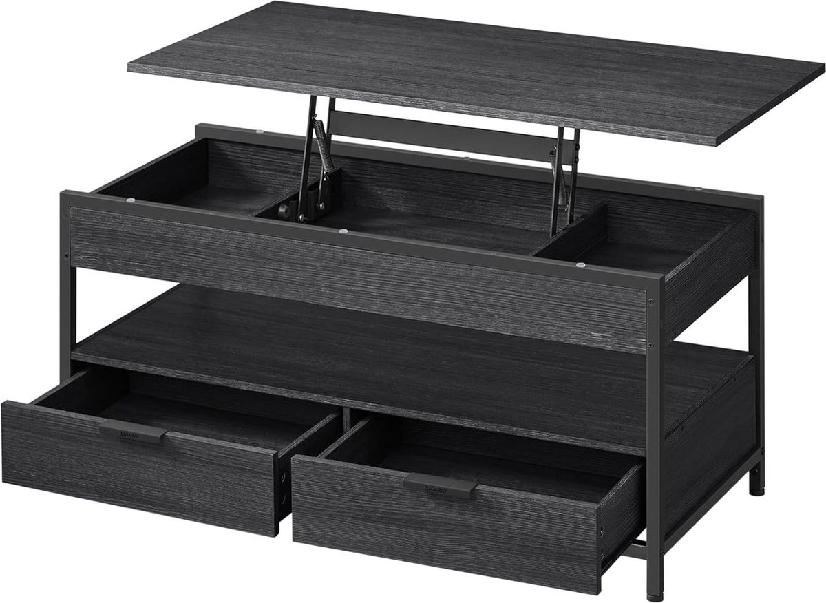 Hoppa! salontafel, woonkamertafel met klapblad, opbergladen, met open opbergruimte en verborgen vak, antracietgrijs en inktzwart