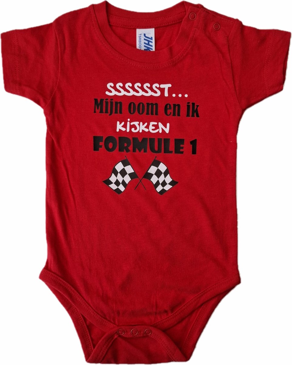 Rode romper met "Sssssst... Mijn oom en ik kijken Formule 1" - 6 maanden - babyshower, zwanger, cadeautje, kraamcadeau, grappig, geschenk, baby, tekst, bodieke