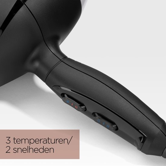 Zwarte BaByliss haardroger met bedieningsknoppen voor 3 temperaturen en 2 snelheden.