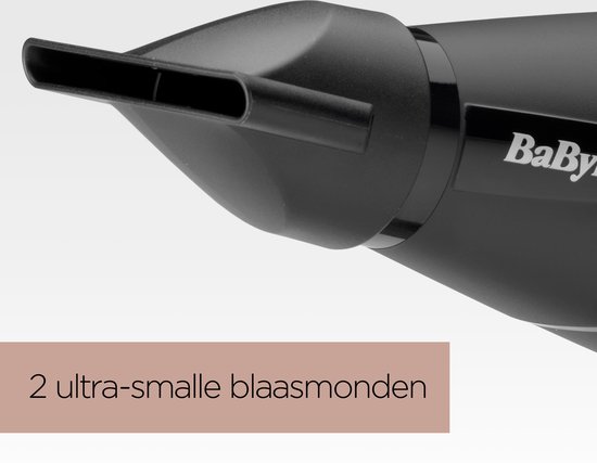 Zwarte BaByliss haardroger met een ultra-smal blaasmondstuk.