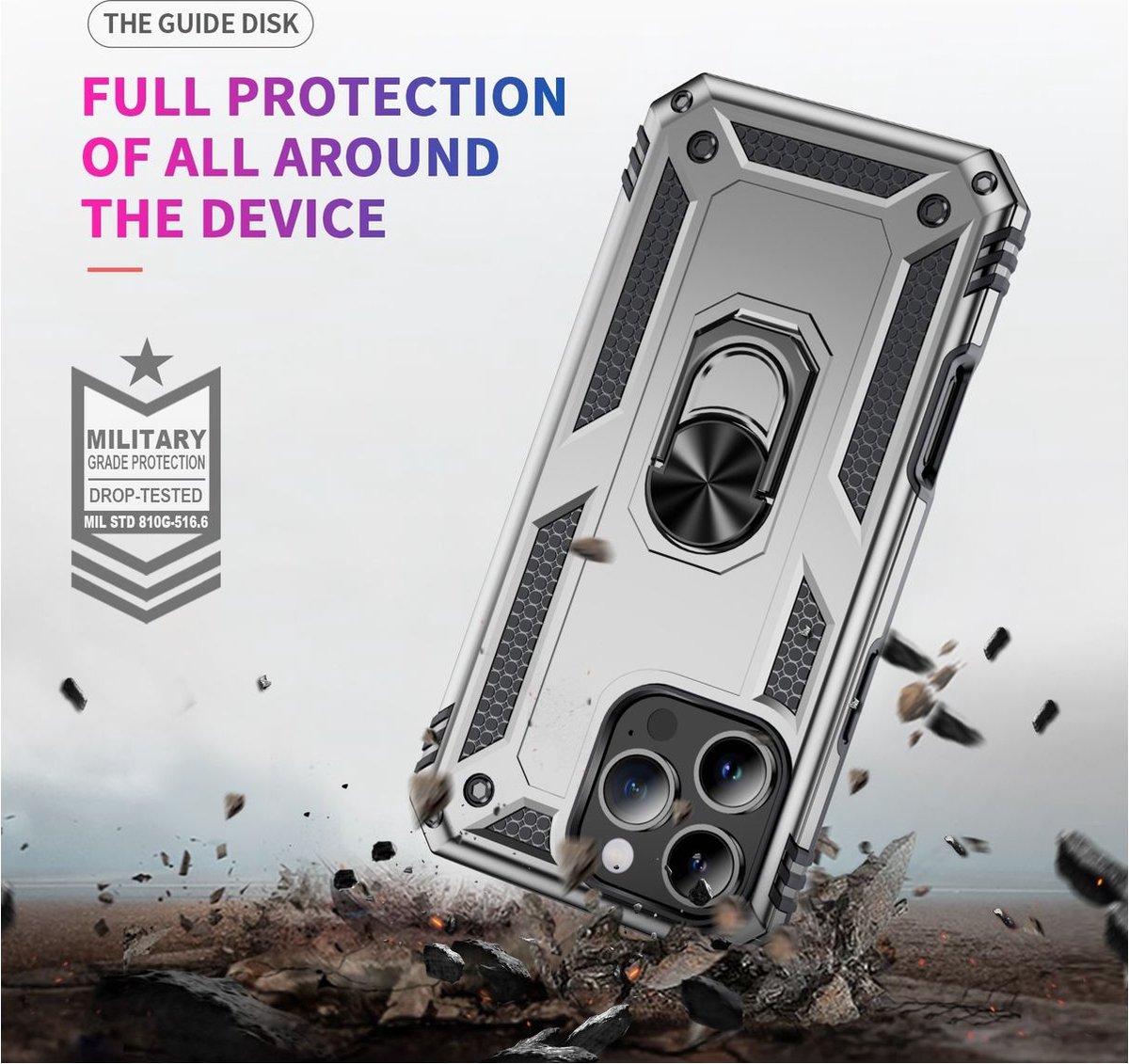 Mobigear Hoesje geschikt voor Apple iPhone 16 Pro Telefoonhoesje Hardcase | Mobigear Armor Ring Backcover Shockproof met Ringhouder | Schokbestendig iPhone 16 Pro Telefoonhoesje | Anti Shock Proof - Zilver