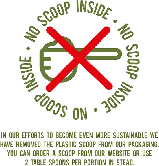 Groen logo met rode kruis door schep, met tekst 'no scoop inside' en uitleg over duurzaamheid.