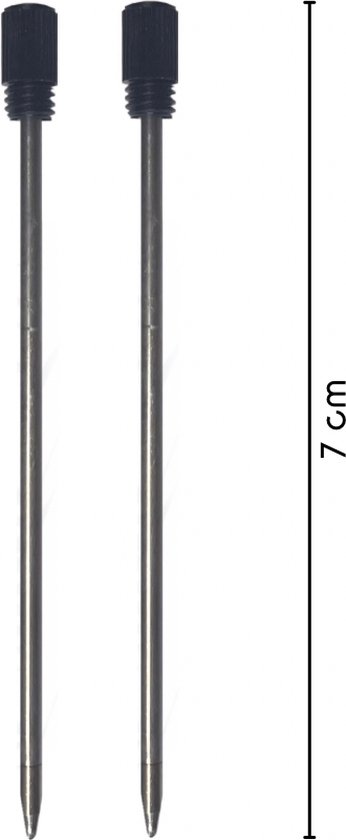 Twee 7 cm lange penvullingen met zwarte dopjes.
