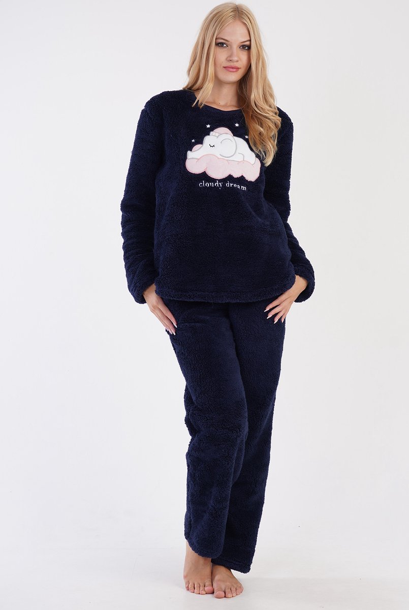 Vienetta Dames Zachte Pluche Pyjama Set, Lange Mouwen Donkerblauw
