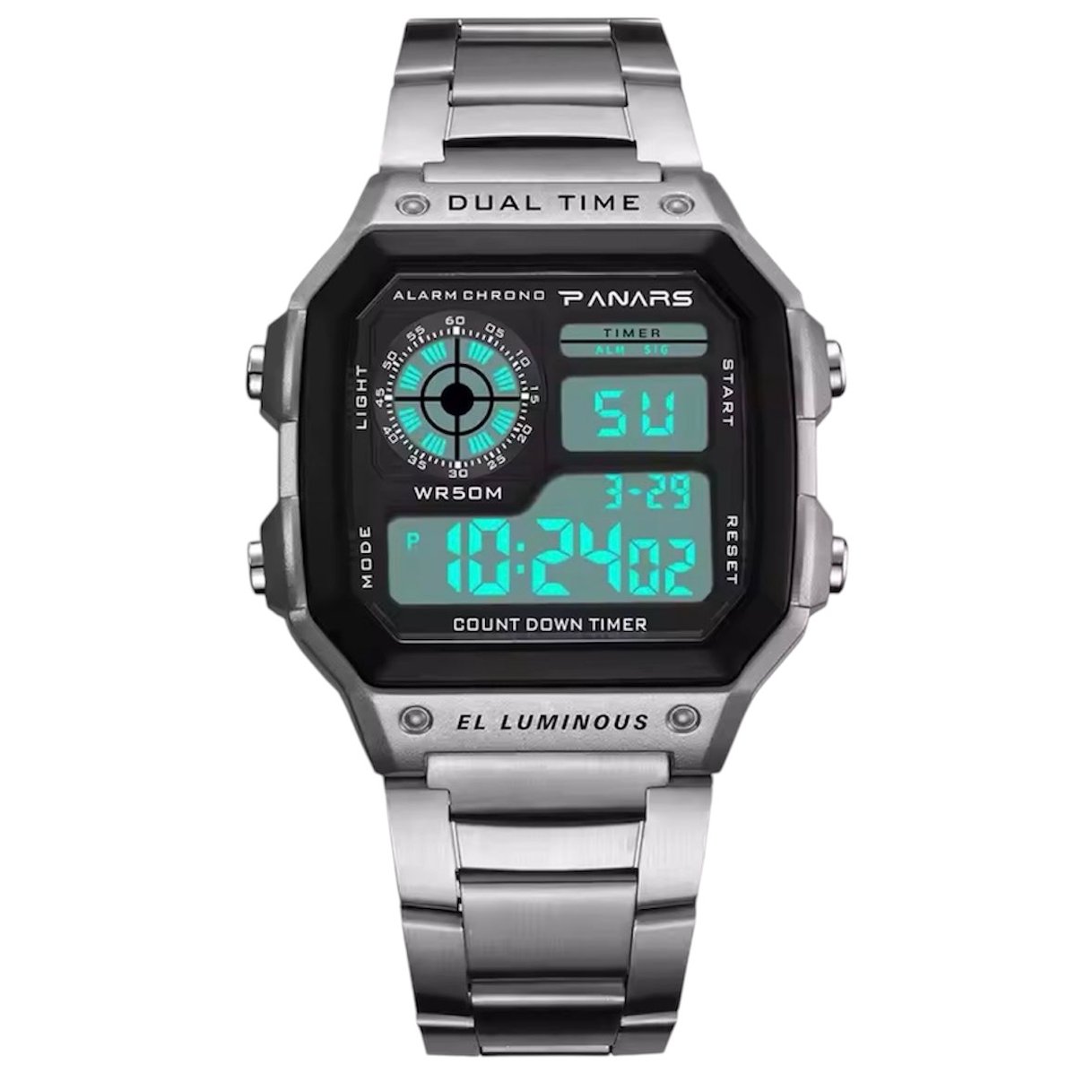 Panars Luxe Herenhorloge - Mannen - Zilveren Polsband - Zilver en Zwart - Luxe Doos - Waterdicht - Digitaal