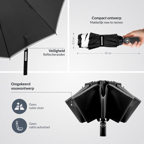Nohrd Stormparaplu - Zwart - Paraplu Opvouwbaar - Stormbestendig 108 km/h - Stormparaplu's - Automatisch In- en Uitklapbaar - Reflecterend - Paraplu's - Incl. Beschermhoes