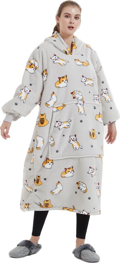 Q-Living Hoodie Deken - Extra Lang & Dik - Oversized Hoodie - Plaid Met Mouwen - Snuggle Hoodie - Fleece Deken Met Mouwen - 2000 gram - Kat Extra Lang
