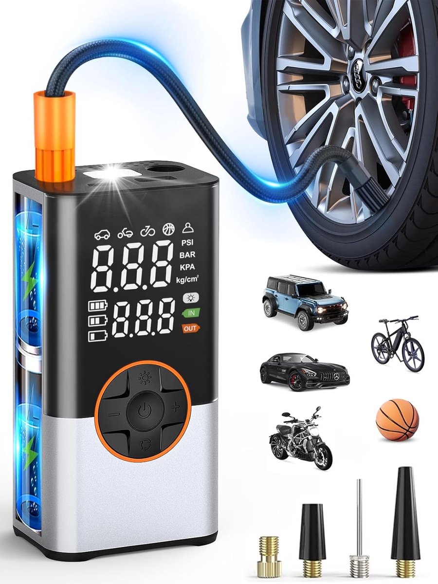 Elektrische Luchtpomp met 8000 mAh - Fietspomp met 150 PSI - 5 Modi - Draagbare Compressor met Digitale LED Display en LED Lamp - Geschikt voor Auto, Motor, Fiets en Ballen