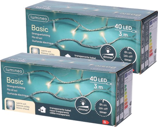Set van 2x stuks kerstverlichting transparant snoer met 40 lampjes warm wit 300 cm - Kerstlampjes/kerstlichtjes - binnen/buiten