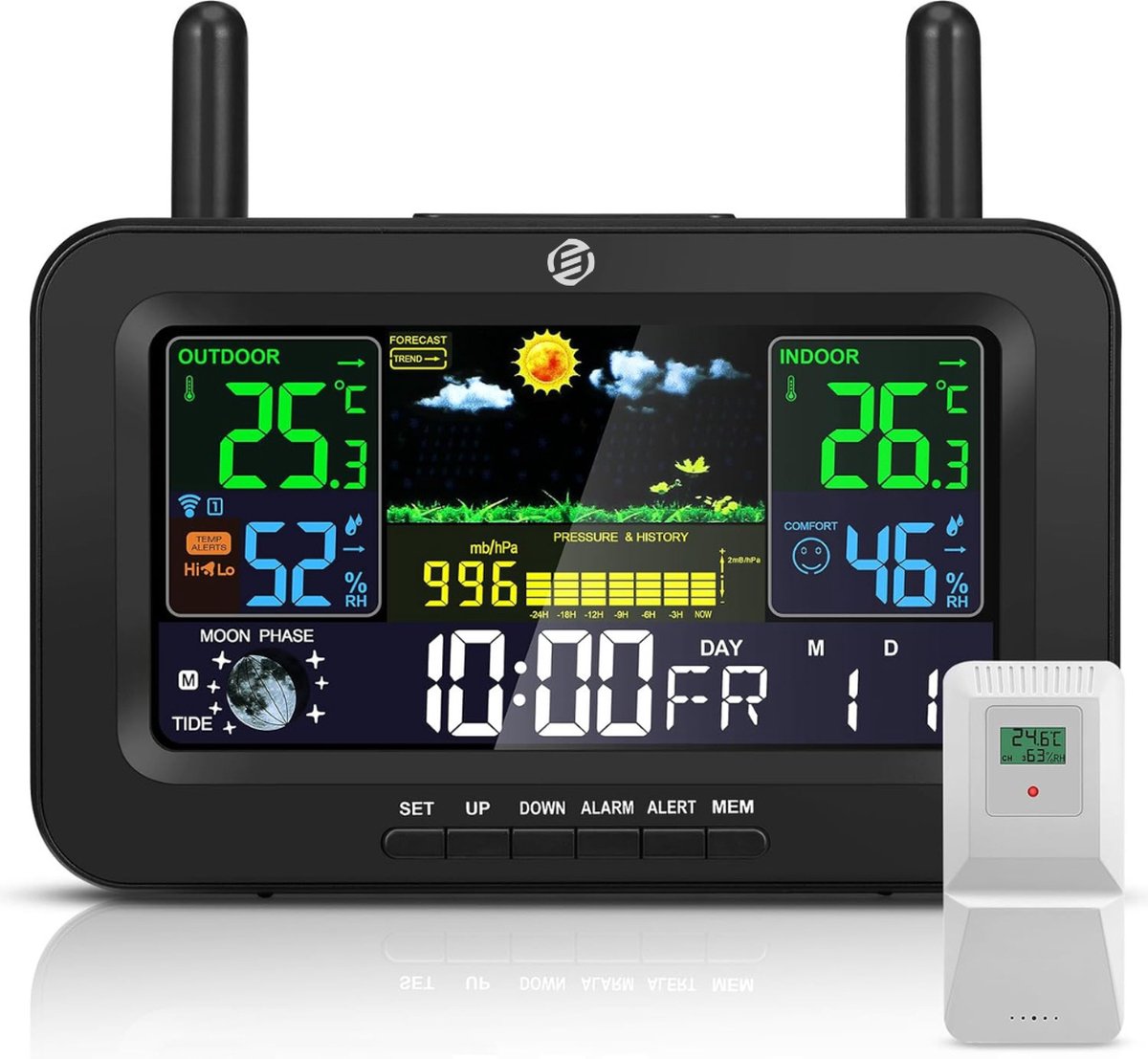 Equivera Weerstation Binnen en Buiten - Hygrometer - Thermometer - Digitaal voor Binnen en Buiten - Luchtvochtigheidsmeter - Geavanceerde Versie