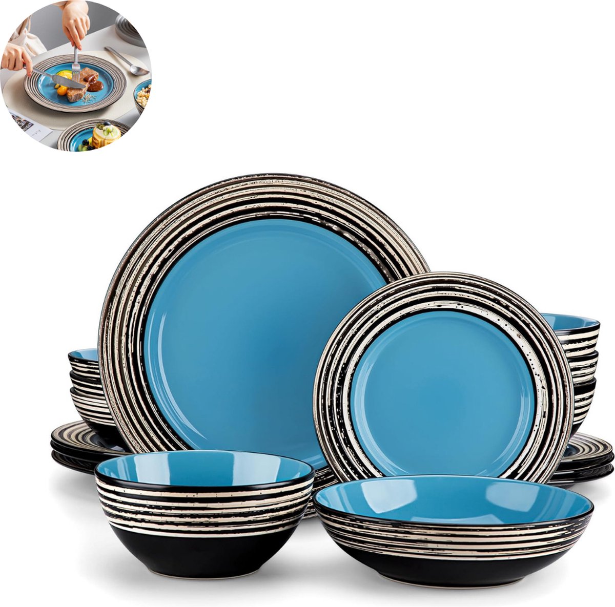 Luxe Serviesset – 16 delig – 4 persoons – Porselein - Bordenset – Dinner platen – Dessertborden - Kommen - Pastabord - Blauw