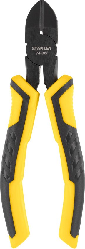 Zwarte zijkniptang met gele en zwarte handvatten.