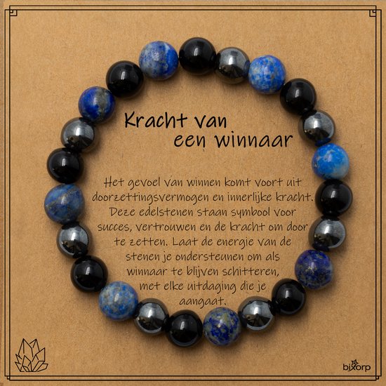 Armband met lapis lazuli, onyx en hematiet kralen op een kaart met de tekst 'Kracht van een winnaar'.