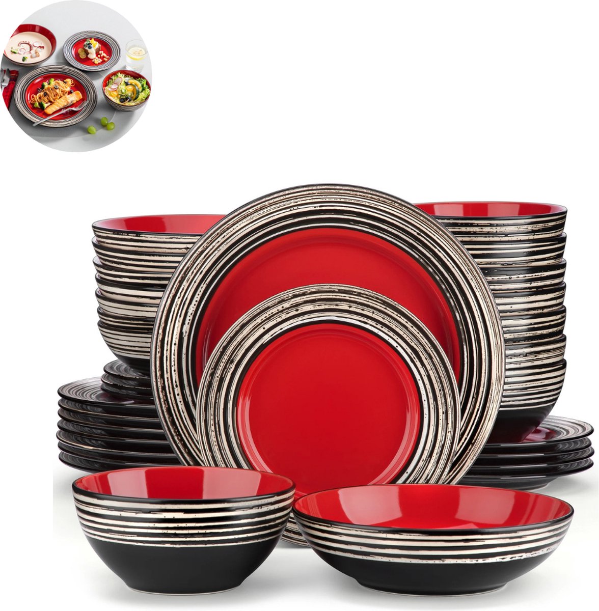 Luxe Serviesset – 32 delig – 8 persoons – Porselein - Bordenset – Dinner platen – Dessertborden - Kommen -Pastaborden - Rood