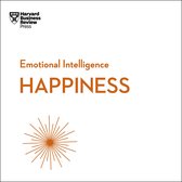 Boekcover met de titel 'Emotional Intelligence HAPPINESS' in oranje letters op een witte achtergrond. Een oranje zon-achtig logo aan de onderkant.