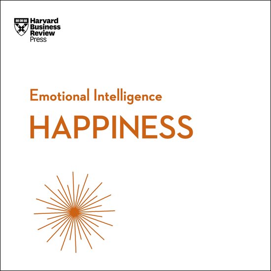 Boekcover met de titel 'Emotional Intelligence HAPPINESS' in oranje letters op een witte achtergrond. Een oranje zon-achtig logo aan de onderkant.