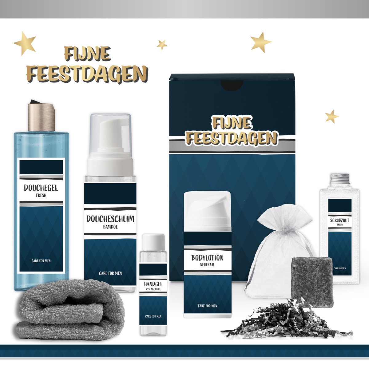 Goedkoopste Geschenkset “Fijne Feestdagen!” - 7 producten - 850 gram | Luxe Kerst Cadeaubox voor hem - Wellness Pakket man - Giftset Fijne feestdagen - Cadeaupakket Prettige Kerstdagen - Kerstcadeau - Kerstpakket Cadeau - Relatiegeschenk - Gift Goud - Blauw