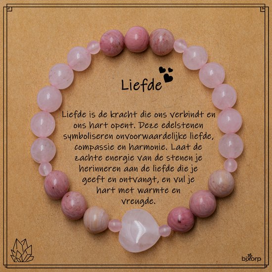 Bixorp Rozenkwarts + Rhodoniet Hartje Armband op Cadeau Kaartje - Liefde - 8mm / 18cm Edelsteen Kralenarmband - Inclusief Cadeau Envelop