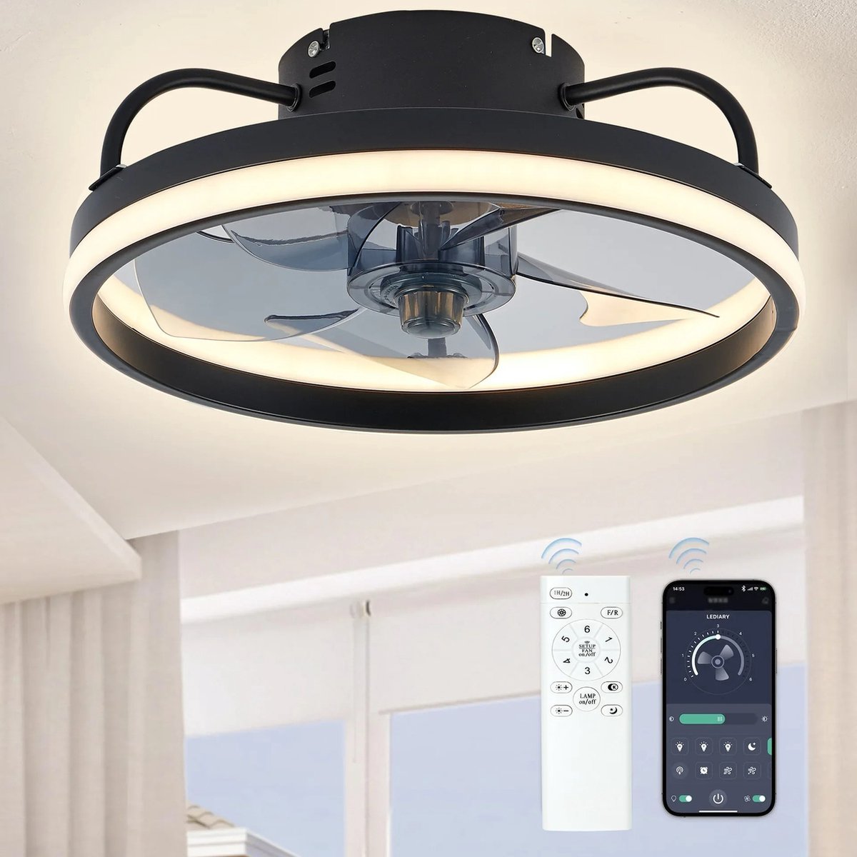Zwarte Plafondventilator met Verlichting - Ventilator Lamp Plafond - Kroonluchter Ventilator - LED lamp - Stille ventilator - Afstandsbediening - Dimbaar - Woonkamer Lamp - Ventilator Lampen - Slaapkamer lamp - Eetkamerlamp