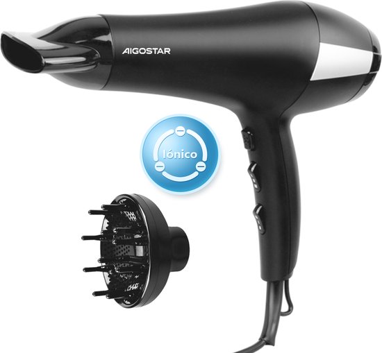 Aigostar Monique 32HIE - Föhn met Diffuser - Haardroger - Ionische - Krullen - 3 Standen - Coolshot functie - 2400W - Zwart