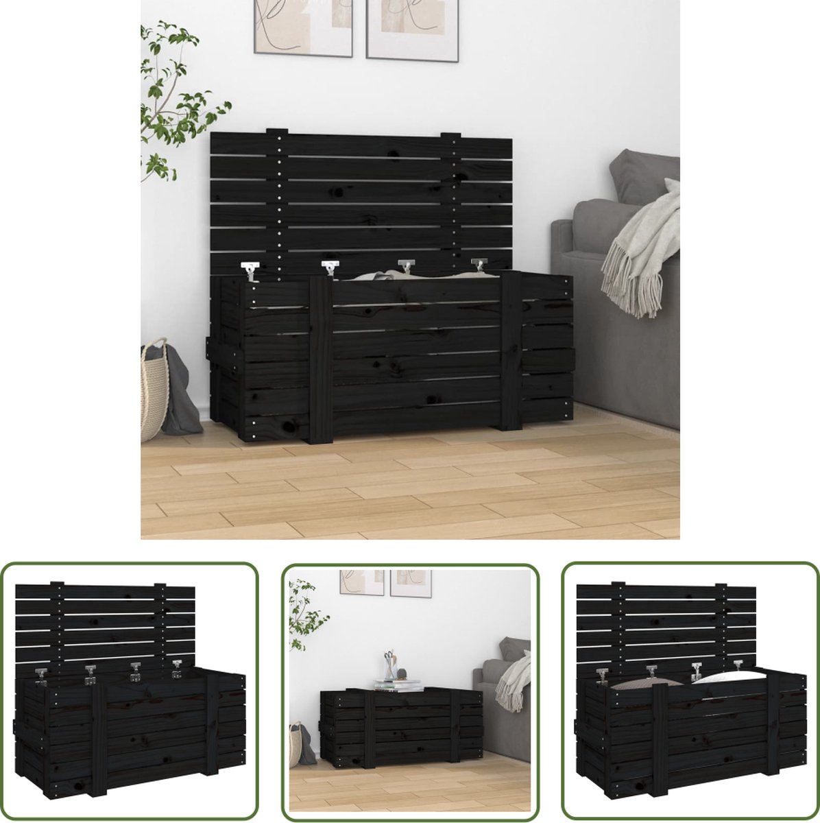 The Living Store Opbergdoos - Massief Grenenhout - 91 x 40.5 x 42 cm - Zwarte Kleur