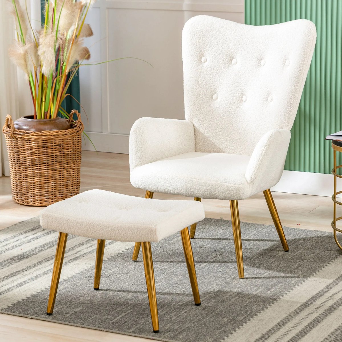 Roxana® Stoel - Voetenbank Inbegrepen - Fauteuil - Wit - Modern - Gouden Frame - Woonkamer - Slaapkamer - Draagvermogen 150 Kg - Teddyfleece