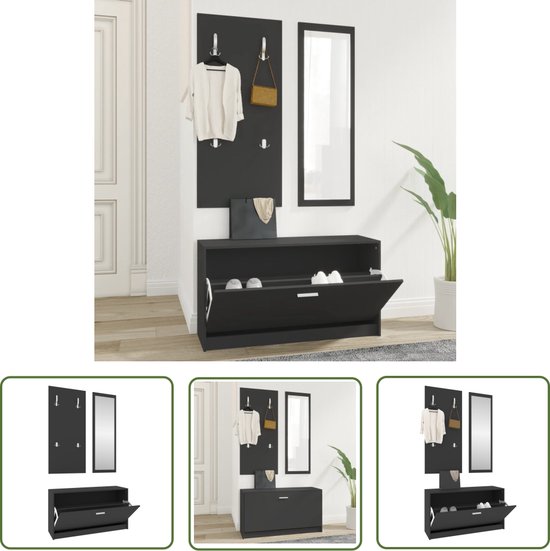 Set d'armoire à chaussures The Living Store - 80x27x46,5 cm - Zwart - 3-en-1 - Y compris porte-manteau et miroir