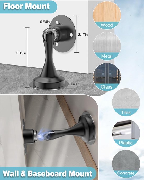 Deurstopper Magnetische Deurvanger - Patio Deurstoppers Binnen Deurstoppers voor Plinten Vloer Deurstoppers vaste Deurstopper Buiten, Muur Gemonteerde Deurstopper Buiten Magnetische Deurhouder Metaal Chroom - 2 Pack