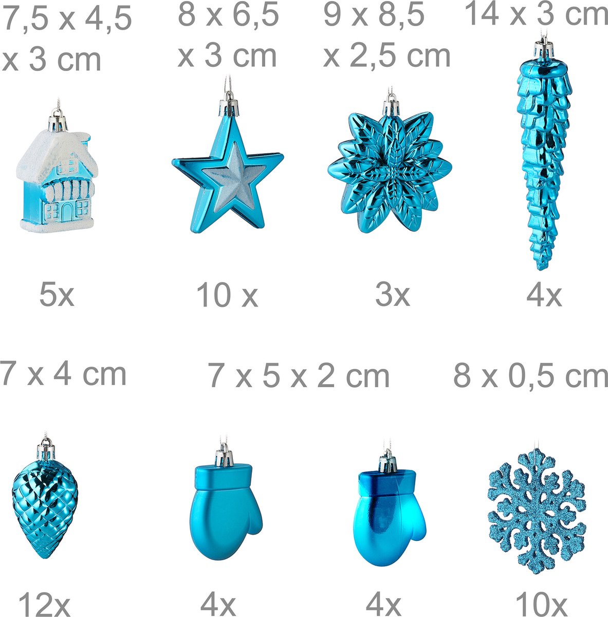 Kerstballen set van 100 - plastic - mat - glanzend - glitters - 10 designs - turquoise – foto 6