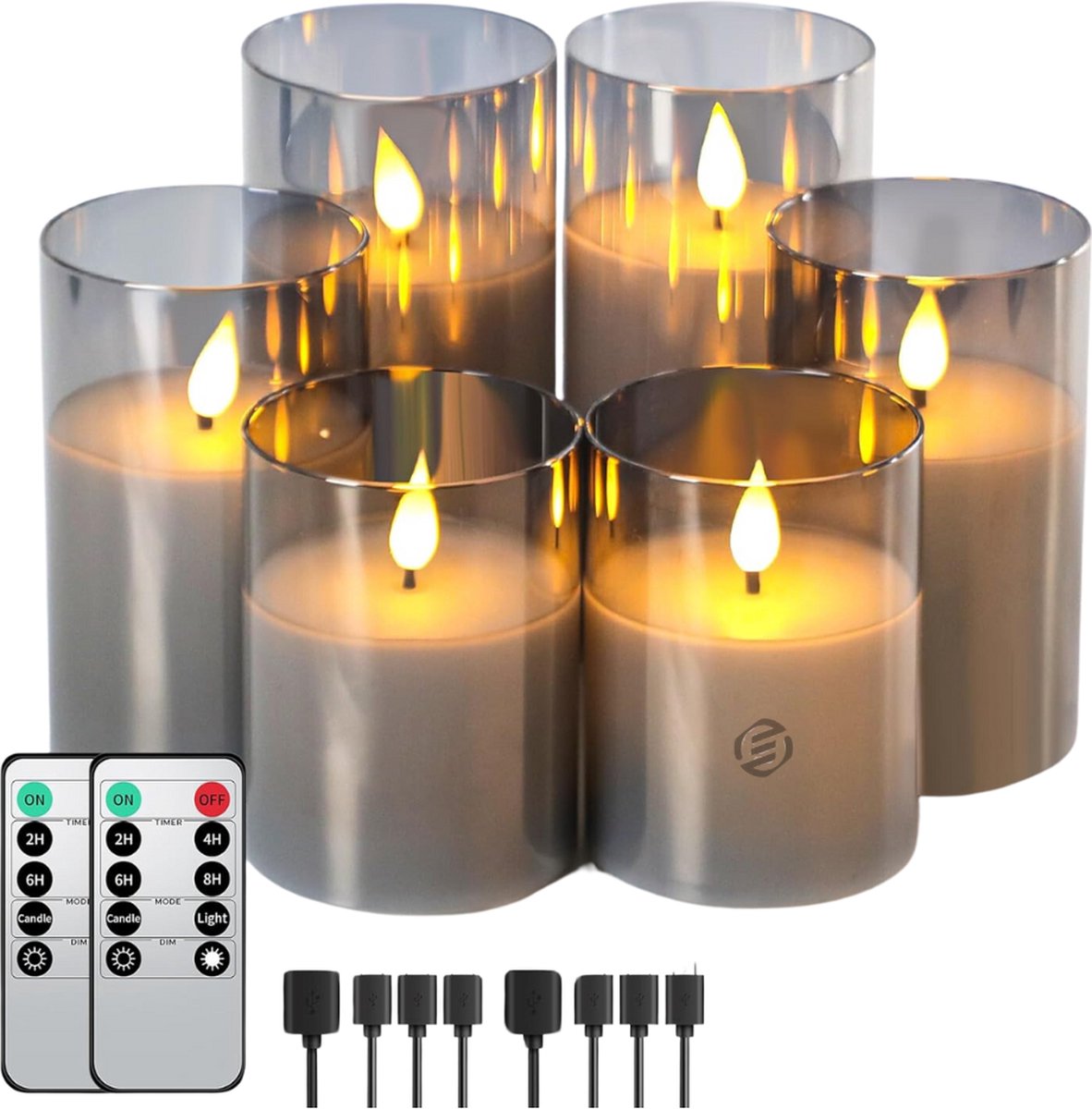 Equivera Oplaadbare LED Kaarsen - Elektrische Kaarsen - Oplaadbare Waxinelichtjes - Realistische Kaarsen - Kerstverlichting - Veilig en Duurzaam Grey glass