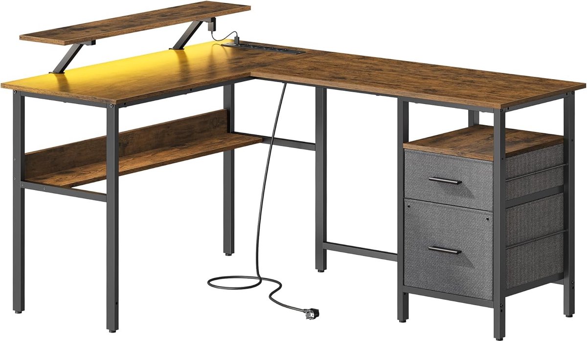 FurnStar - L-vormig bureau met stopcontacten - hoekbureau - computertafel - monitorstandaard - gamingtafel - ledverlichting - USB-aansluitingen - 150 x 120 x 76 cm - thuiskantoor - vintage bruin