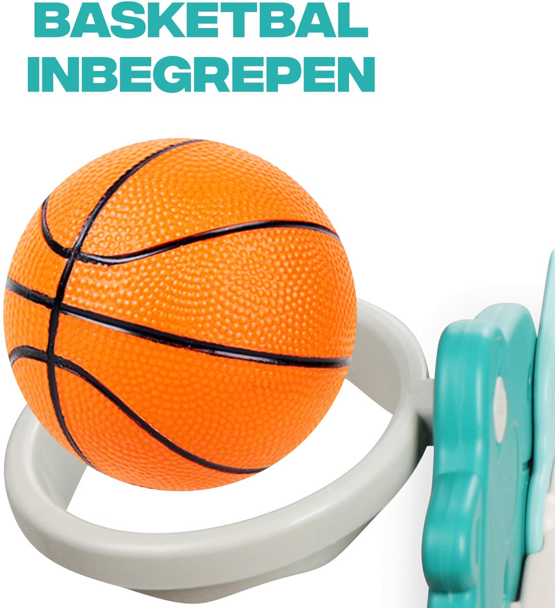 Rockerz Premium Glijbaan - Voor binnen en buiten - Speelplezier gegarandeerd - Opvouwbaar - Veilige dichte trap - Ringen spel - Basketbal ring (inclusief bal) - Muziek beertje - Kleur: Groen — afbeelding 12